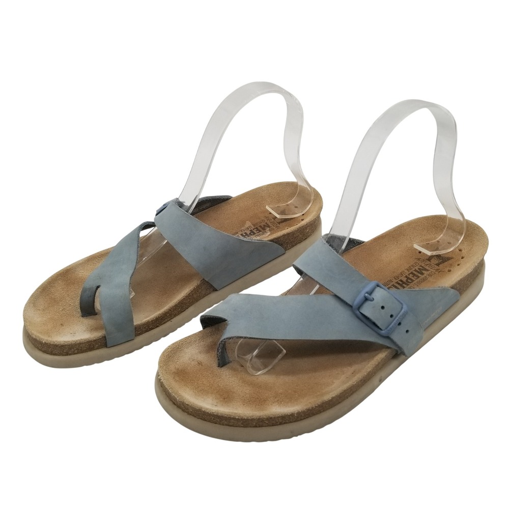 Mephisto Helen Blue Leather Cork Footbed Thong Slide Sandals Women Sz 39 US 8.5